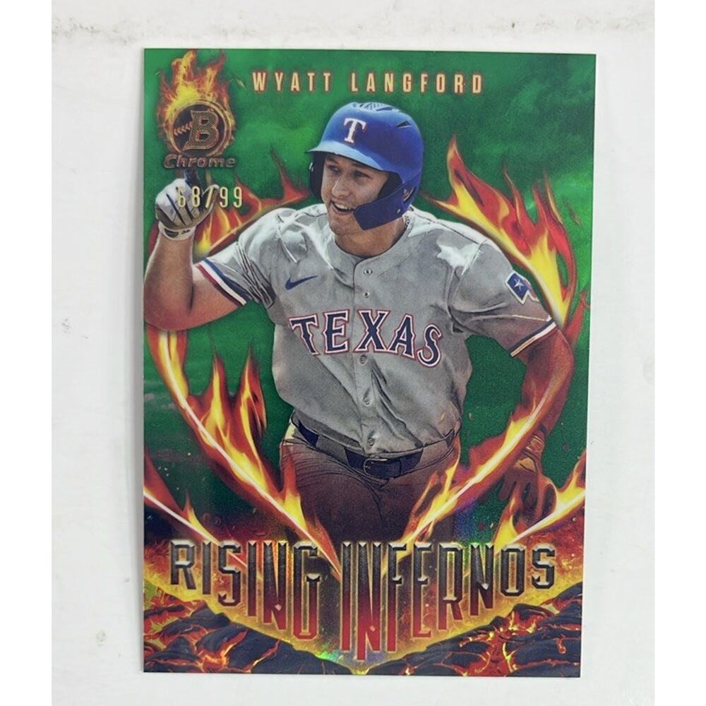 2024 Bowman Rising Infernos Wyatt Langford Aqua Refractor /99 Rangers RC